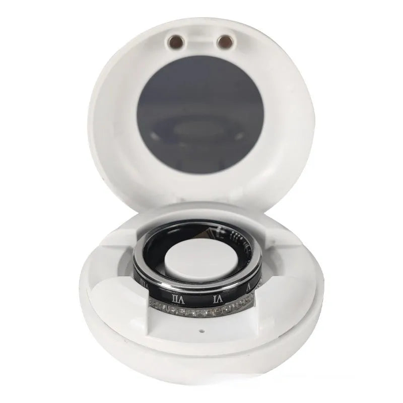 Diamond-inlaid smart ring in gold and silver colours showing health monitoring technology