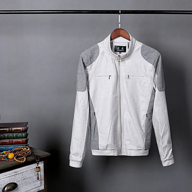 Men's thin blue cotton linen jacket in regular fit on a hanger.