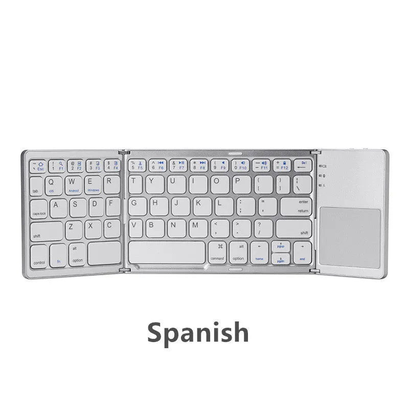 Black tri-fold folding Bluetooth keyboard with touchpad shown unfolded and folded