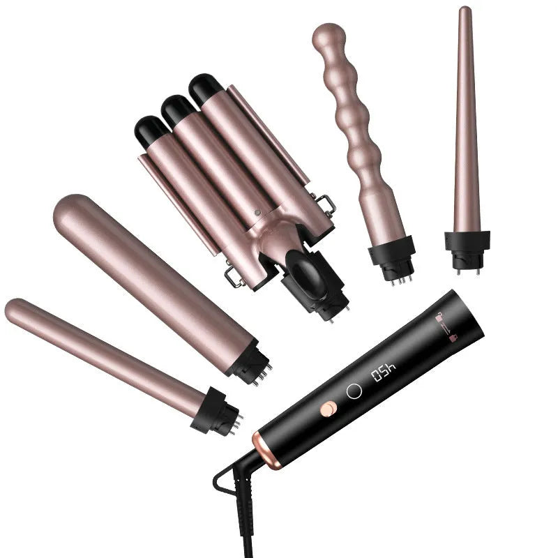 Rose gold hair curler with five interchangeable tubes and LCD display showing negative ion technology