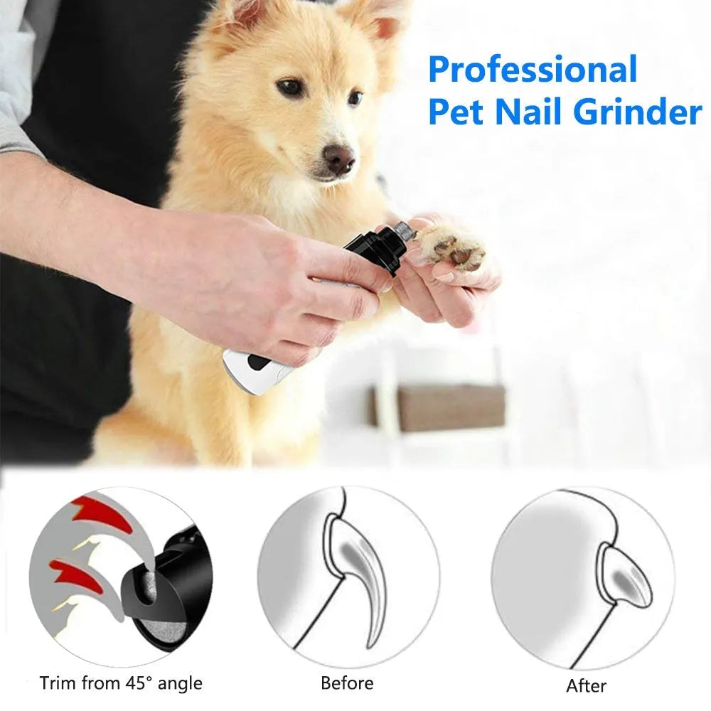 Electric dog nail grinder with LCD screen, LED lights, and a dust collection cup attached.