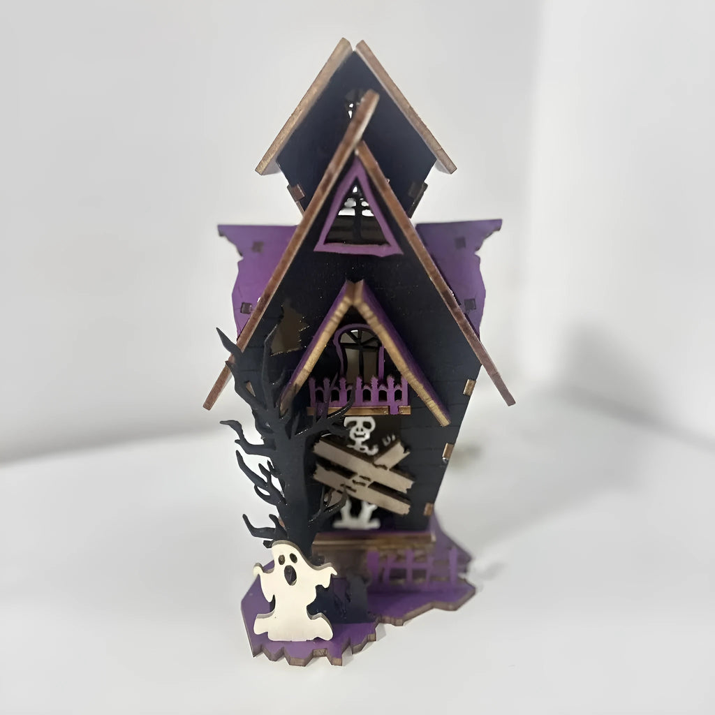 Wooden Halloween haunted house table decoration with luminous finish measuring 14x10.5x19cm