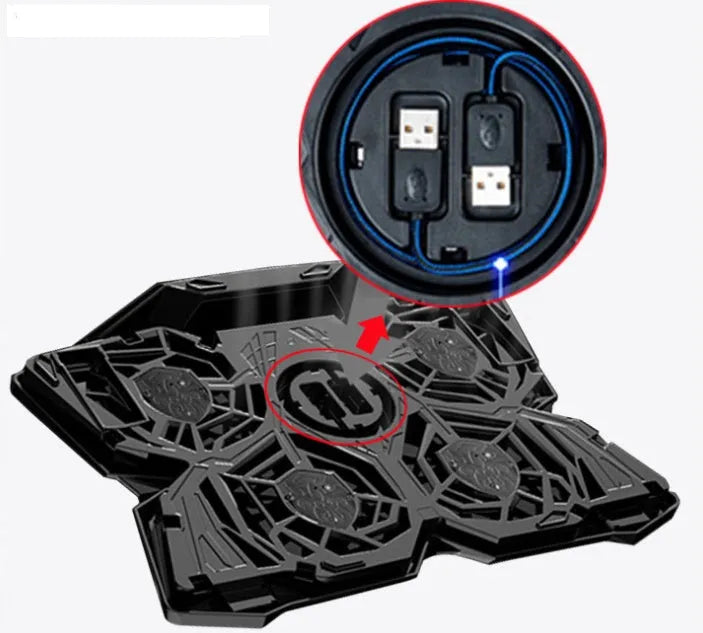 Blue laptop cooling base with four LED fans and two USB ports on front edge
