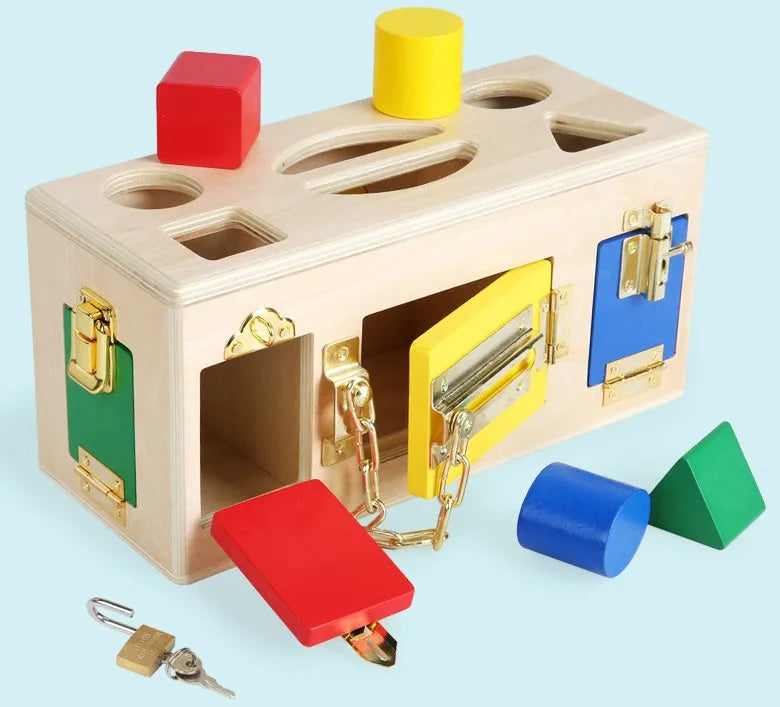 Wooden shape lock box educational toy with 12 pieces for preschool children aged 3+