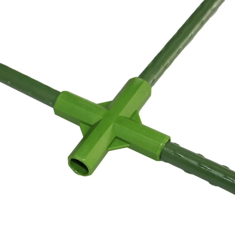 Two white PP plastic garden connectors, one 3-way and one 4-way, for 11mm plant support stakes.