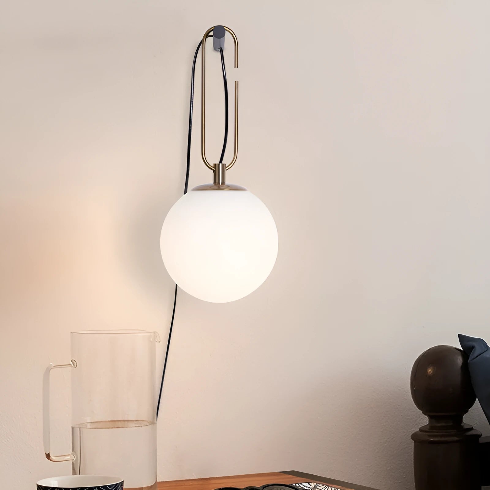 Nordic style modern glass wall lamp showing three selectable light colour temperatures.