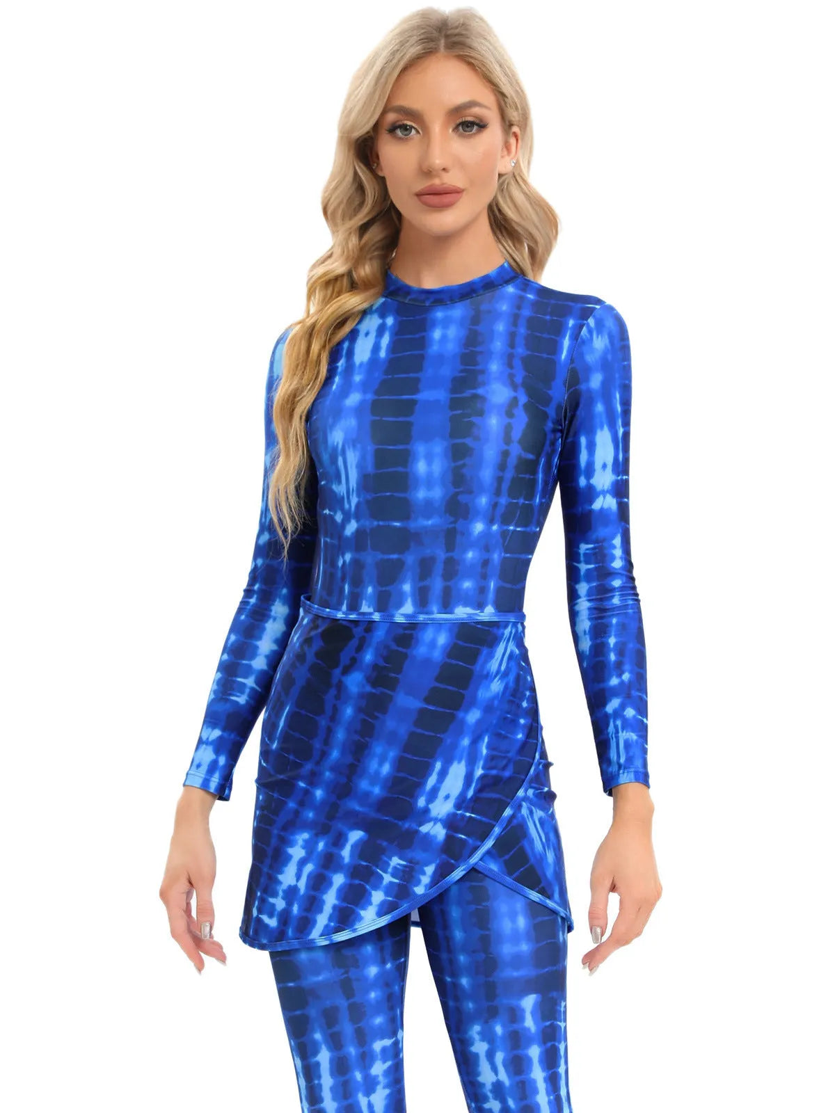 Conservative Muslim swimsuit three-piece set with apron in Sapphire, Letter, or Foam colour.