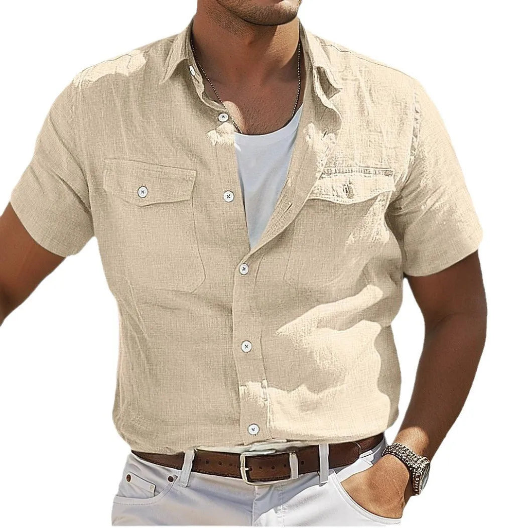 Men's loose fit cotton summer shirt in solid colour with polo collar and long sleeves