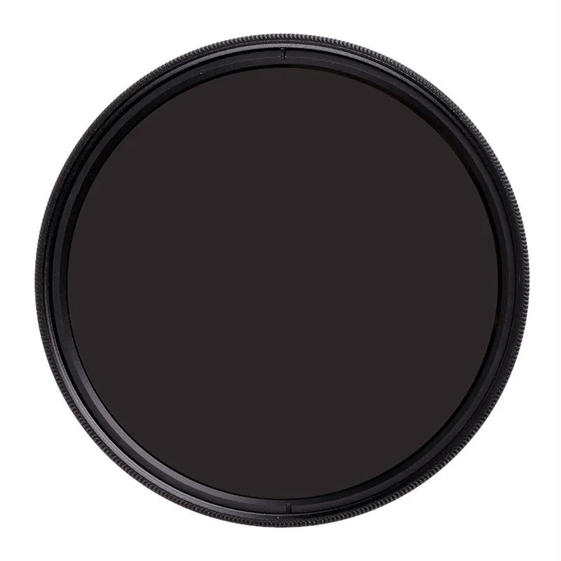 ND8 camera lens filter with aviation aluminium frame shown next to size options from 49mm to 82mm