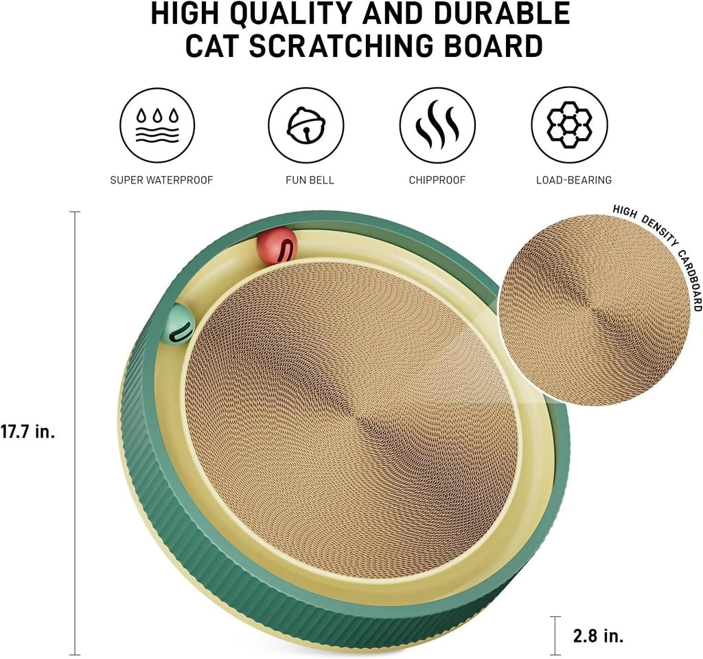 Large circular cat scratching board with bell toys and replaceable cardboard core