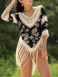 Women's apricot loose V-neck beach sun protection shirt with hollow-out sleeves