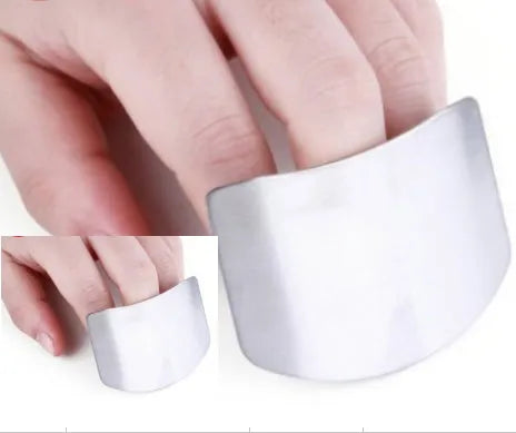 Stainless steel finger guard for kitchen use, shown in single and double-finger sizes.