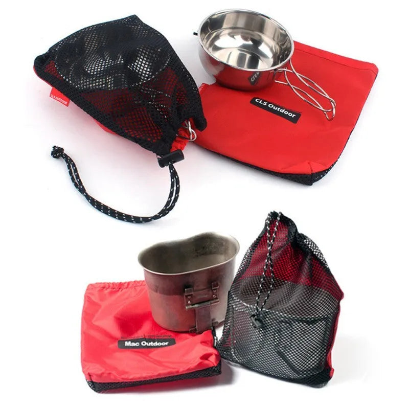 Red five-piece travel toiletry bag set with zipper closures and mesh panels