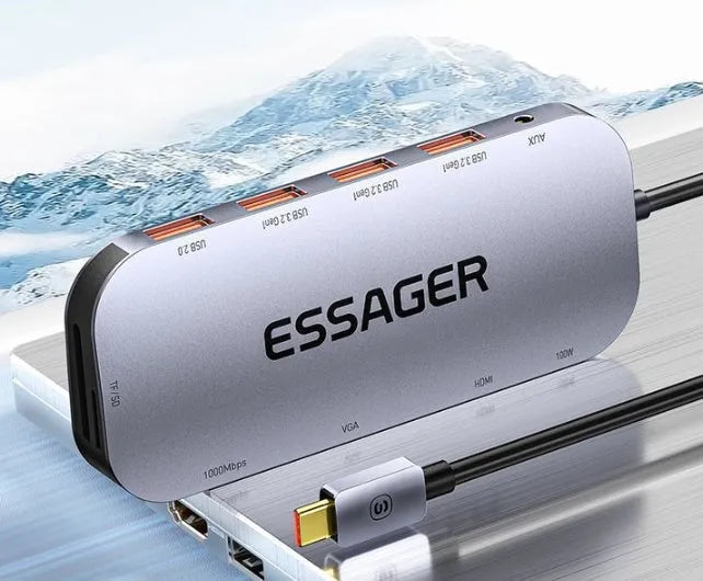 11-in-1 USB-C expansion dock with Gigabit Ethernet port, HDMI, VGA, USB-A ports, and memory card slots