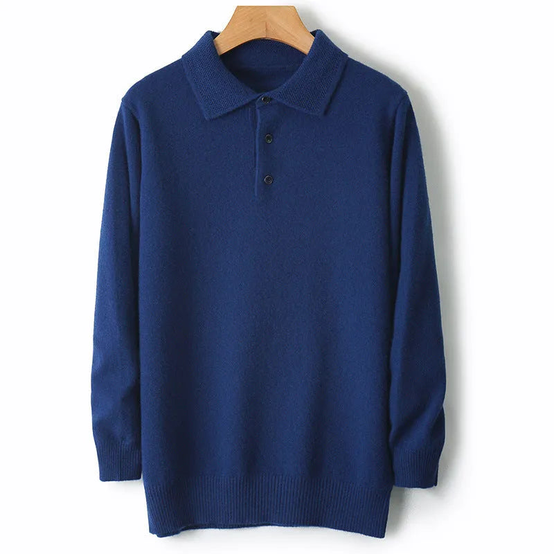 Men's grey wool blend pullover sweater with a polo collar and long sleeves laid flat