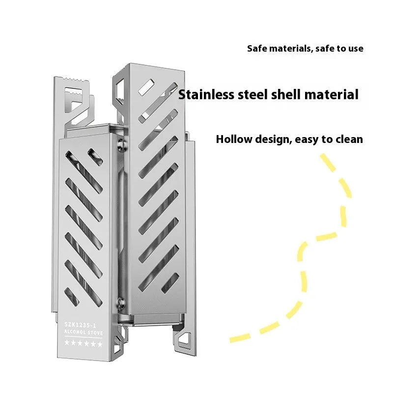 Hexagon-shaped foldable alcohol camping stove in black or silver, measuring 9.5x8.5x15cm