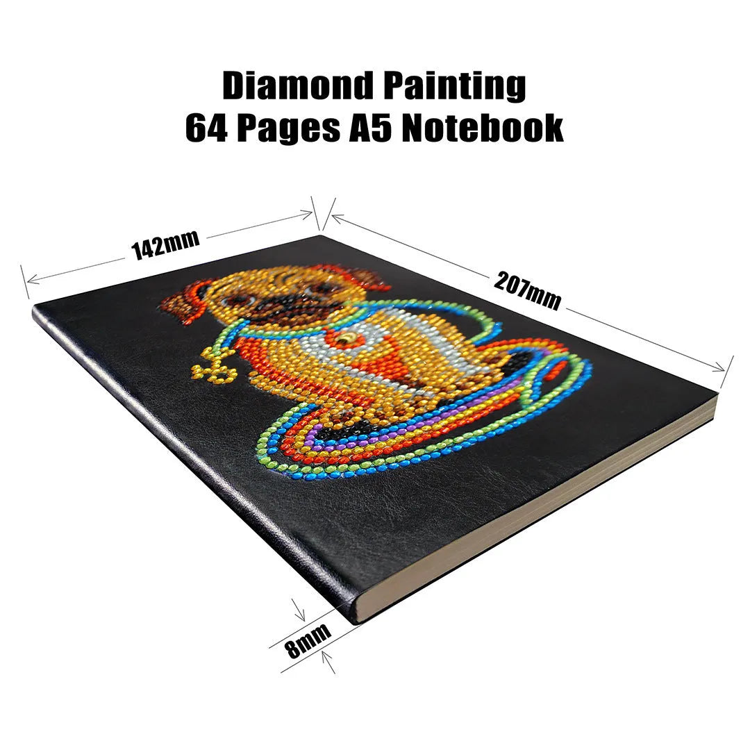 Black A5 diamond painting notebook with 50 pages, dimensions 142mm by 207mm.