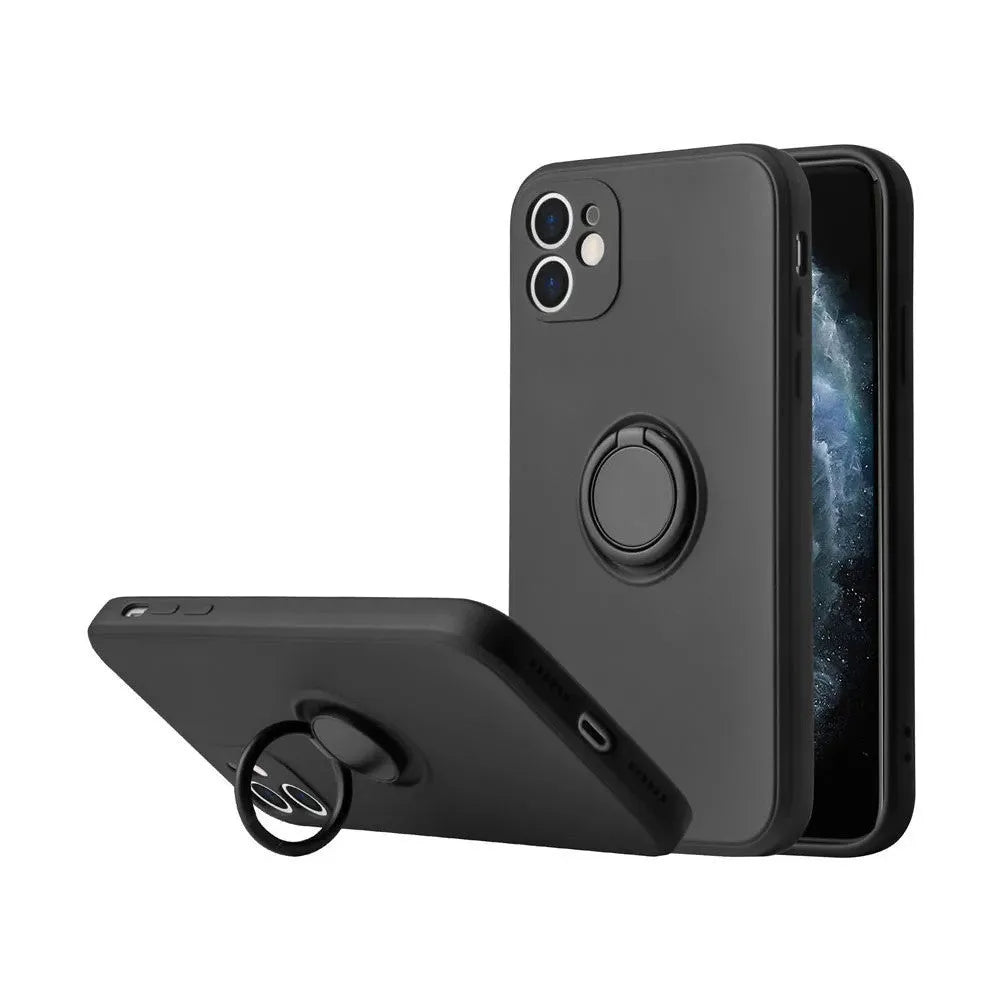 Liquid silicone phone case with a flip-out bracket for Apple iPhone 12, shown in a choice of colours.