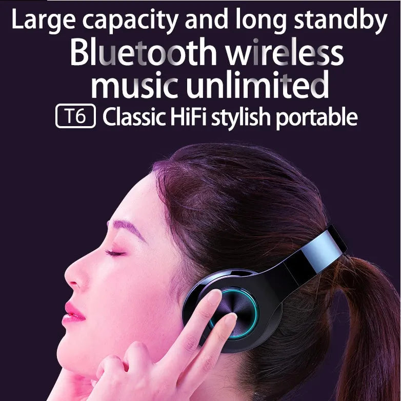 T6 wireless Bluetooth over-ear headset with microphone for calls and music.