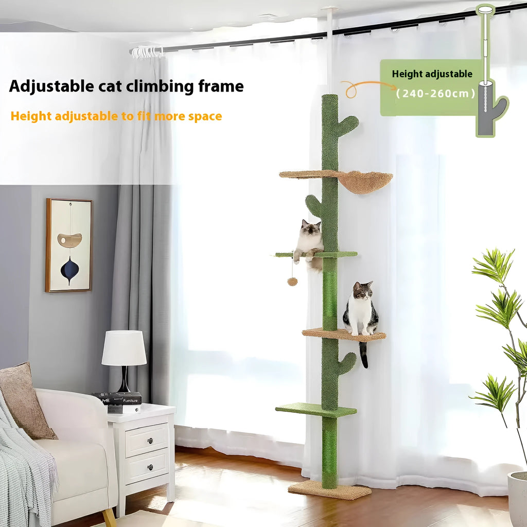 Solid wood cat climbing frame with integrated scratch board and cat nest measuring 240-260cm tall