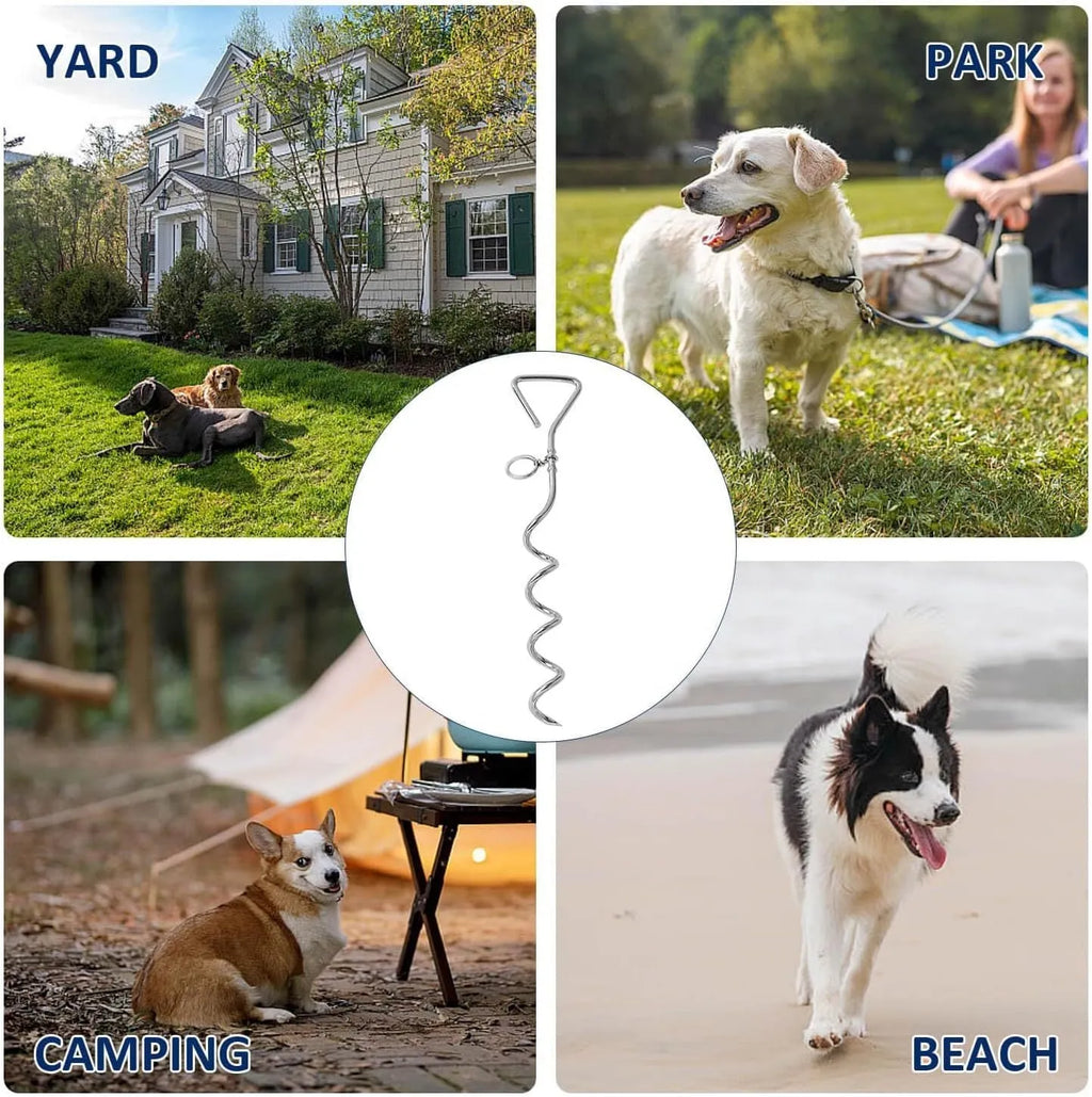 Medium silver spiral dog tie out stake made of steel for secure outdoor tethering