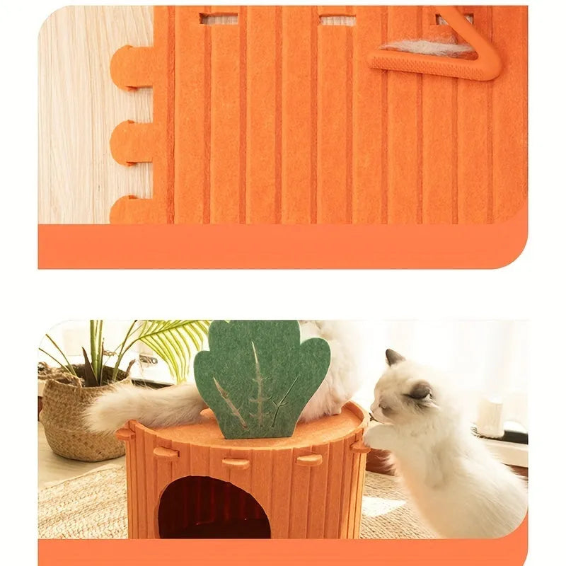 Carrot-shaped felt cat tunnel nest in semi-enclosed design showing M and L size options