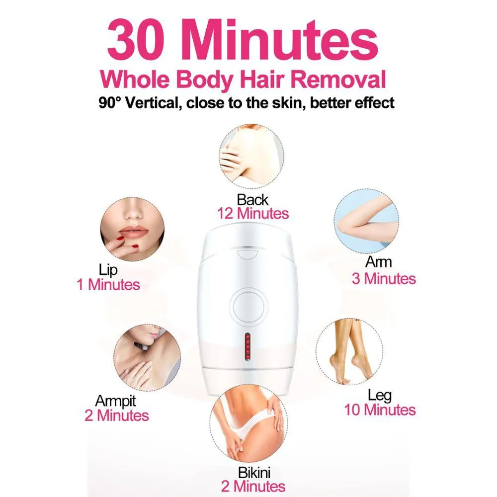 White at-home laser hair removal device with five buttons on a compact handheld body.