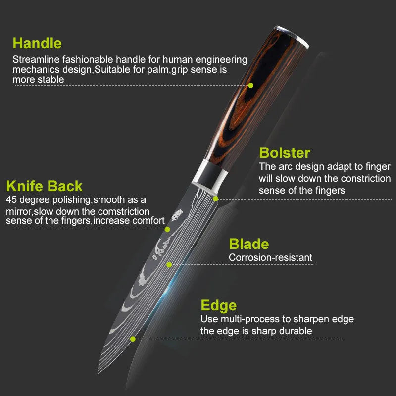 30cm chef knife with Damascus pattern blade and colour steel handle
