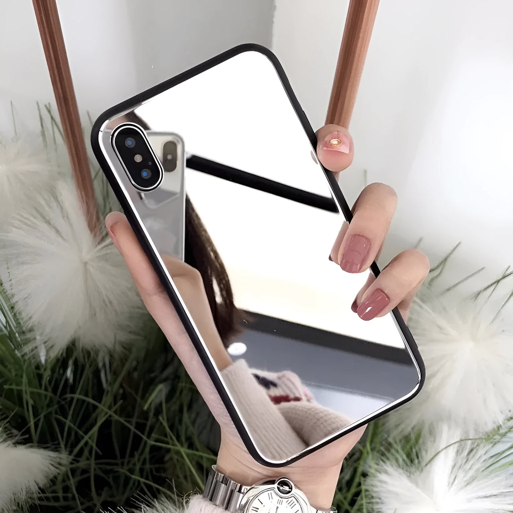 Black iPhone case with front mirror compatible with iPhone X, iPhone 7, and iPhone 8 Plus models