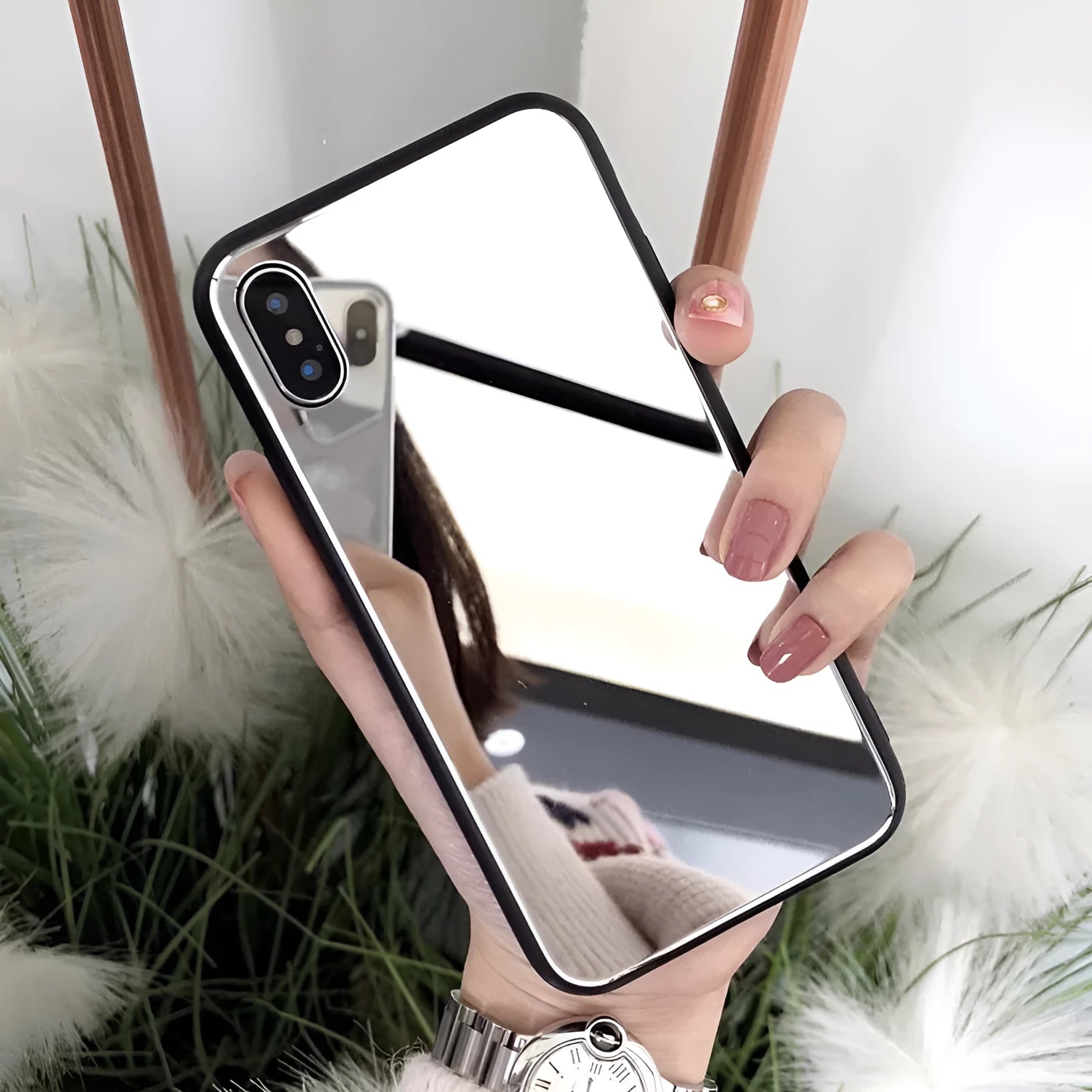 Black iPhone case with front mirror compatible with iPhone X, iPhone 7, and iPhone 8 Plus models