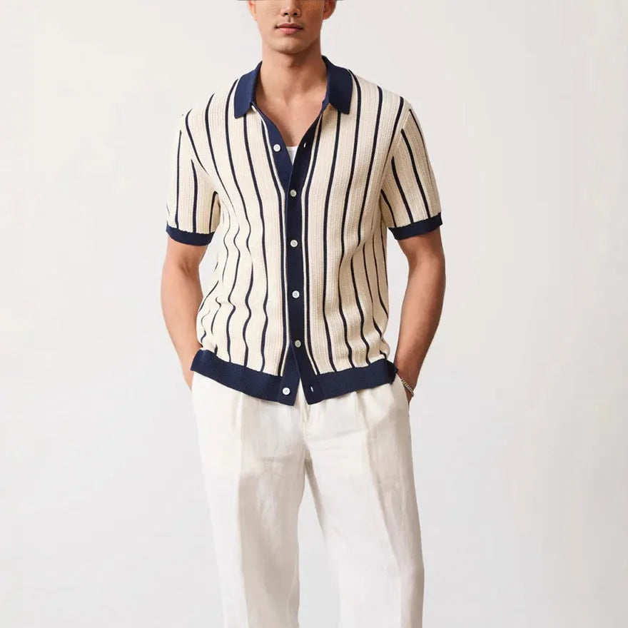Men's white asymmetric knitted lapel shirt with short sleeves in ice silk fabric