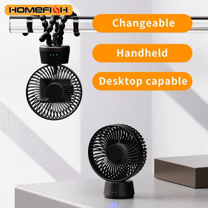 HOMEFISH F2 automatic shake head handheld fan with LED light on removable bracket.