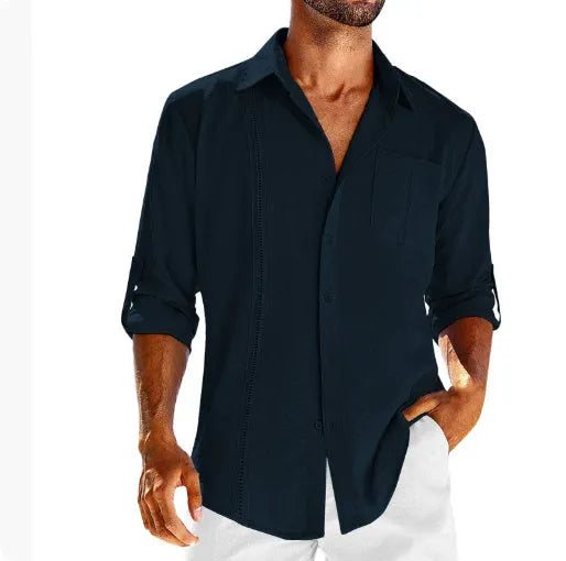 Men's grey long sleeve casual shirt with a polo collar and a white lace detail on the chest pocket.