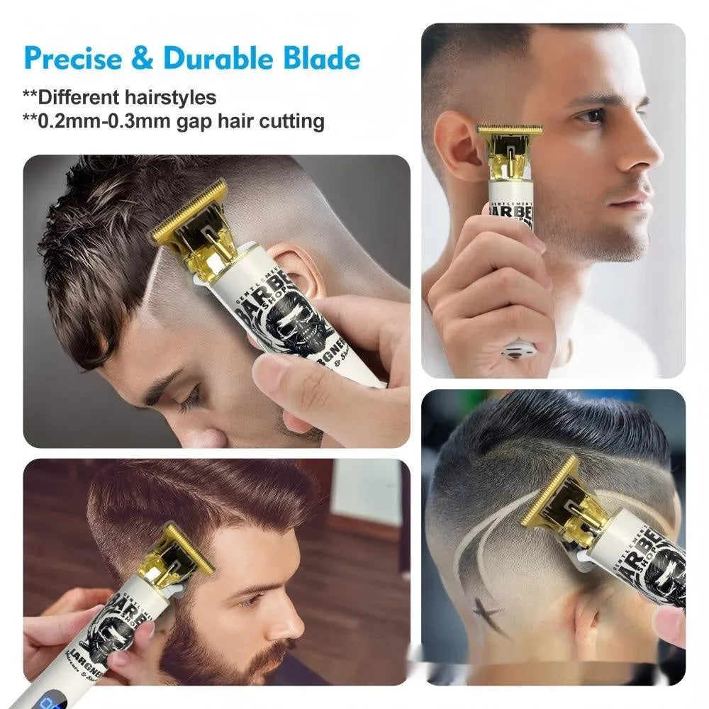 Rechargeable hair clipper with stainless steel cutter heads, USB charging cable, and 4 in 1 guard attachments kit.