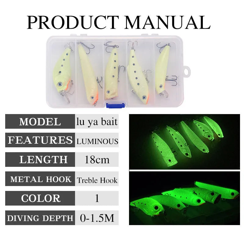 Five 3D fluorescent hard bait fishing lures with luminous properties for saltwater and freshwater fishing