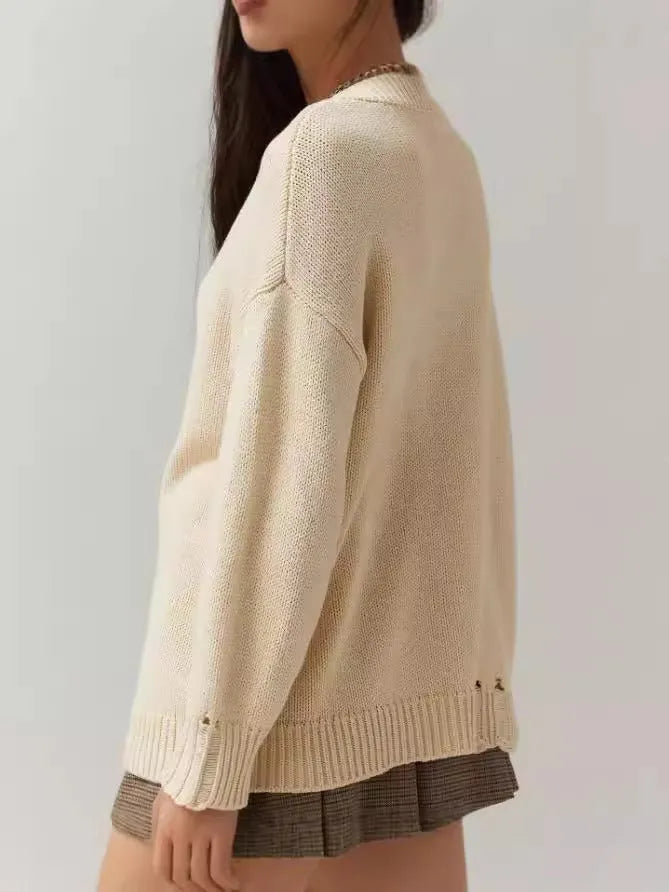 Women's milky white beige acrylic pullover sweater with Jacquard pattern texture and round neck