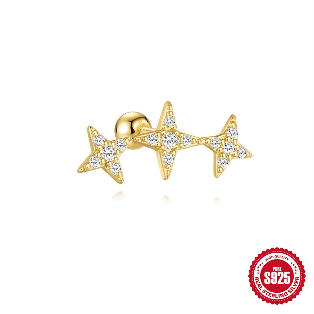 S925 sterling silver square gravel stud earring with red centre and gold plating