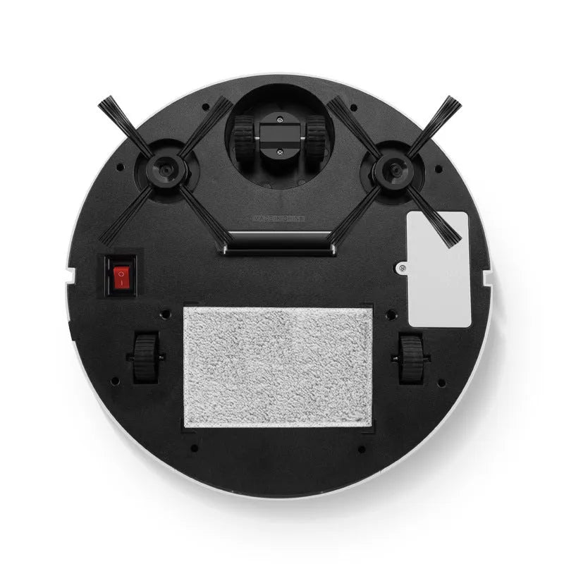 Automatic sweeping robot on a hard floor, showing compact square design.