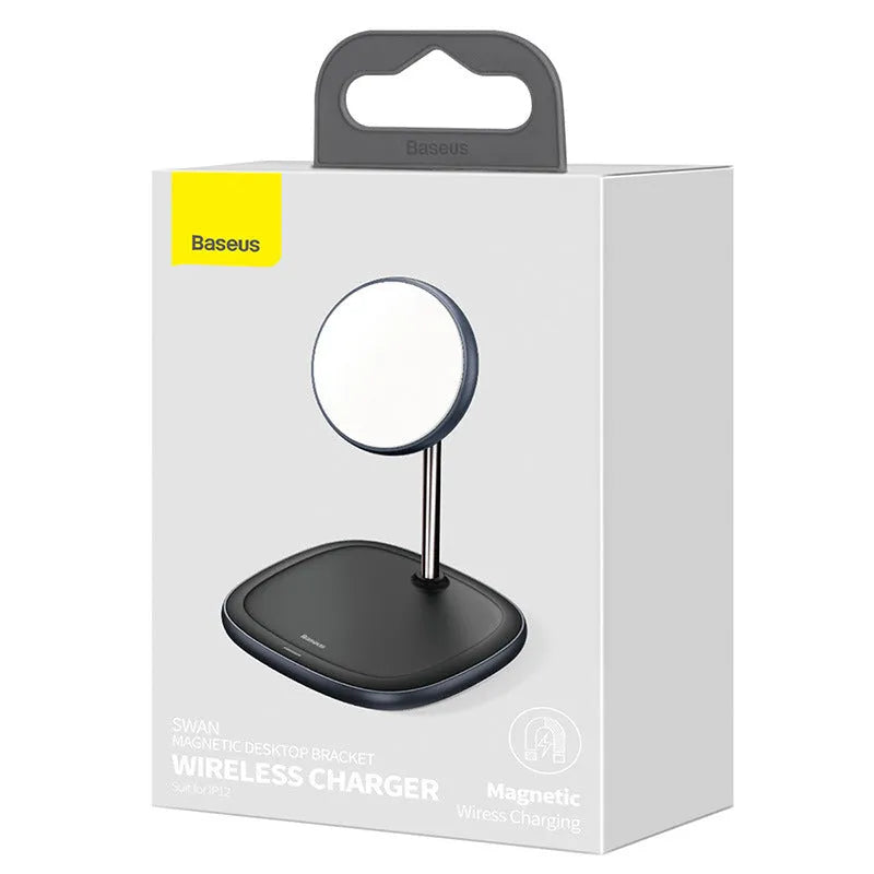 Black and white magnetic wireless charger stand for iPhone 12 with stainless iron base and Type-C cable