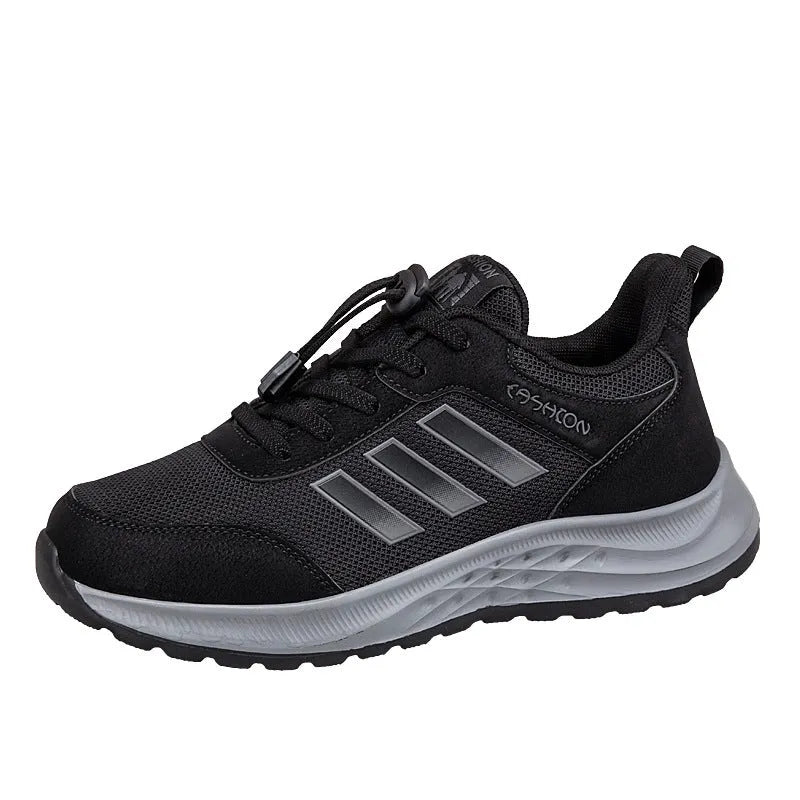 Men's and women's breathable mesh casual shoes with elastic band and non-slip sole in multiple colours.