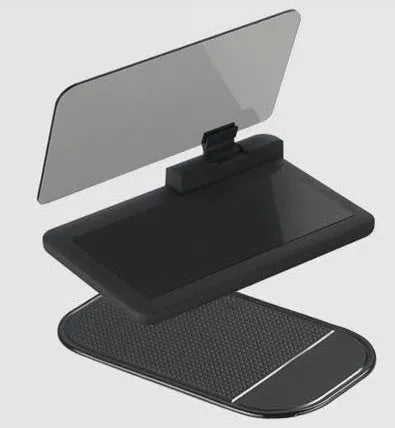 Grey universal smartphone car holder for hands-free navigation display on a reflective organic glass panel.