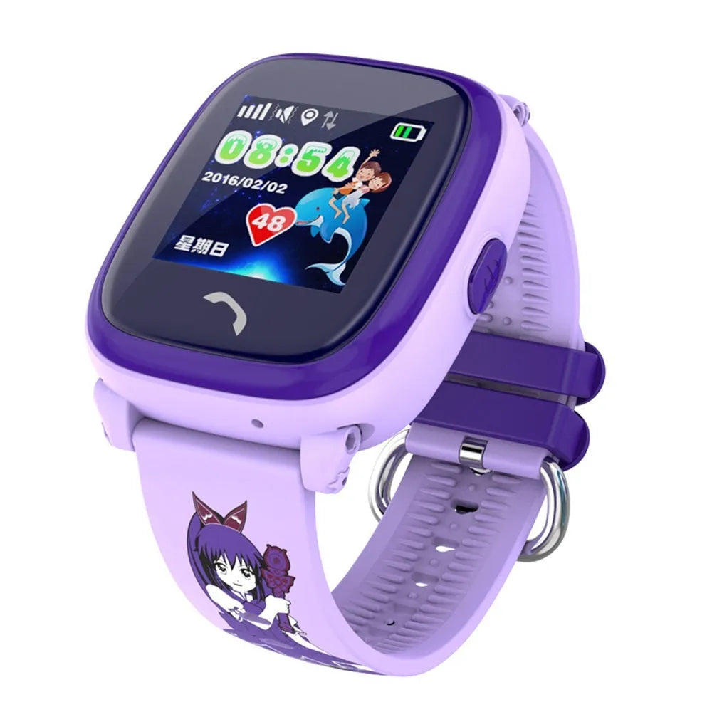 Blue children's waterproof smart watch with touch screen display and silicone wristband showing SOS button