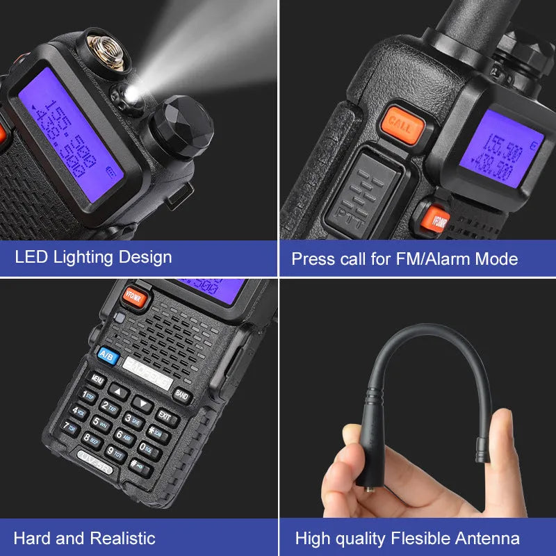 Compact black VHF UHF dual-band walkie talkie with antenna, LCD display, and side buttons