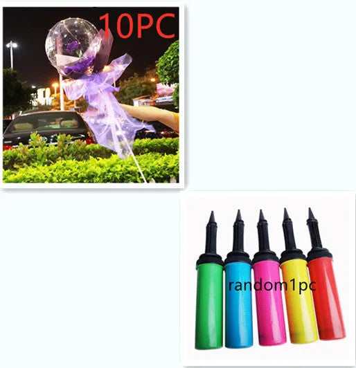 Transparent LED luminous balloon bouquet with artificial rose and glowing light inside, displayed as a DIY kit.