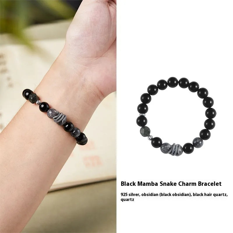S925 sterling silver men's bracelet with obsidian black hair crystal and snake design