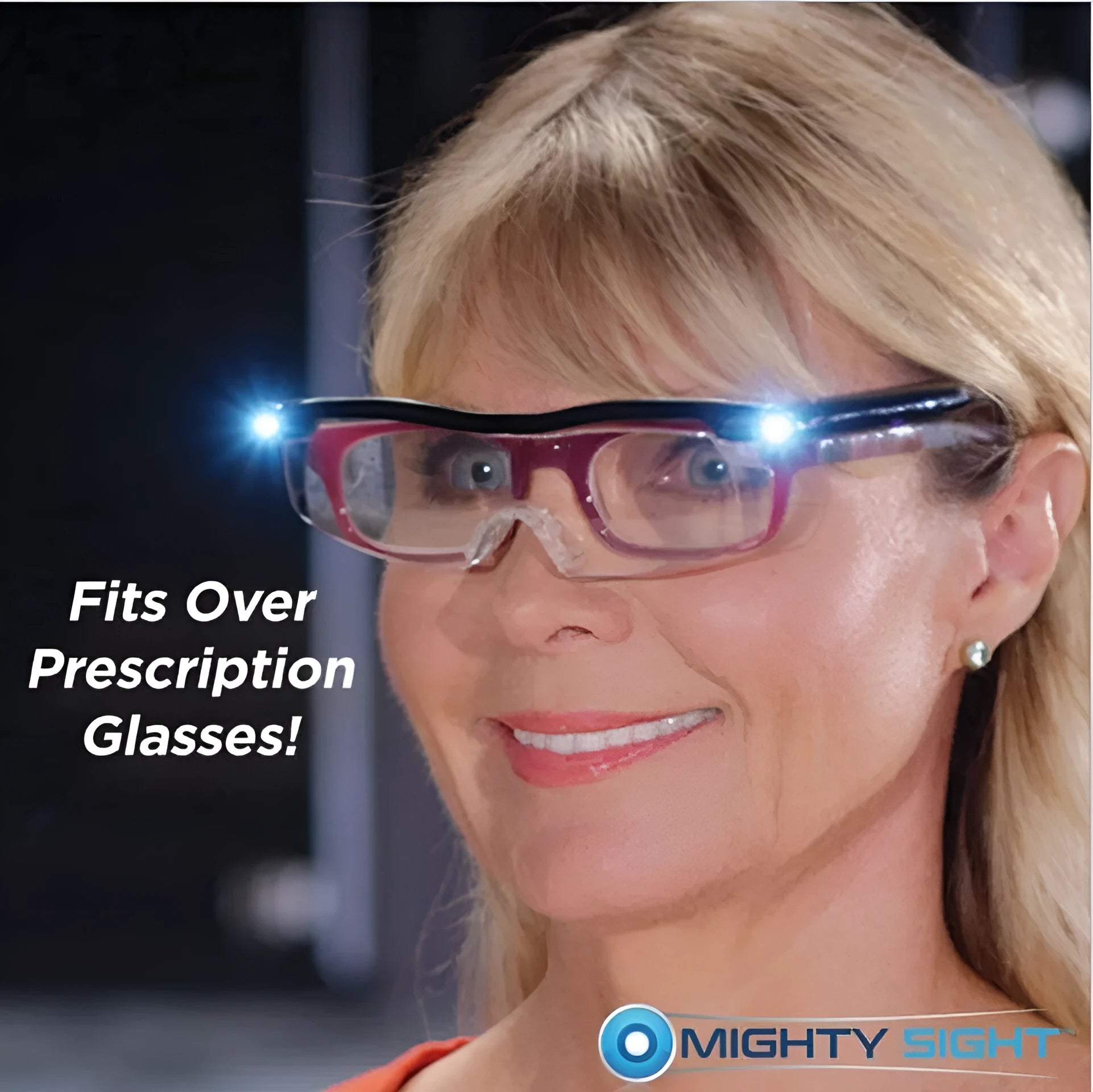 Transparent black USB LED light reading glasses on a desk