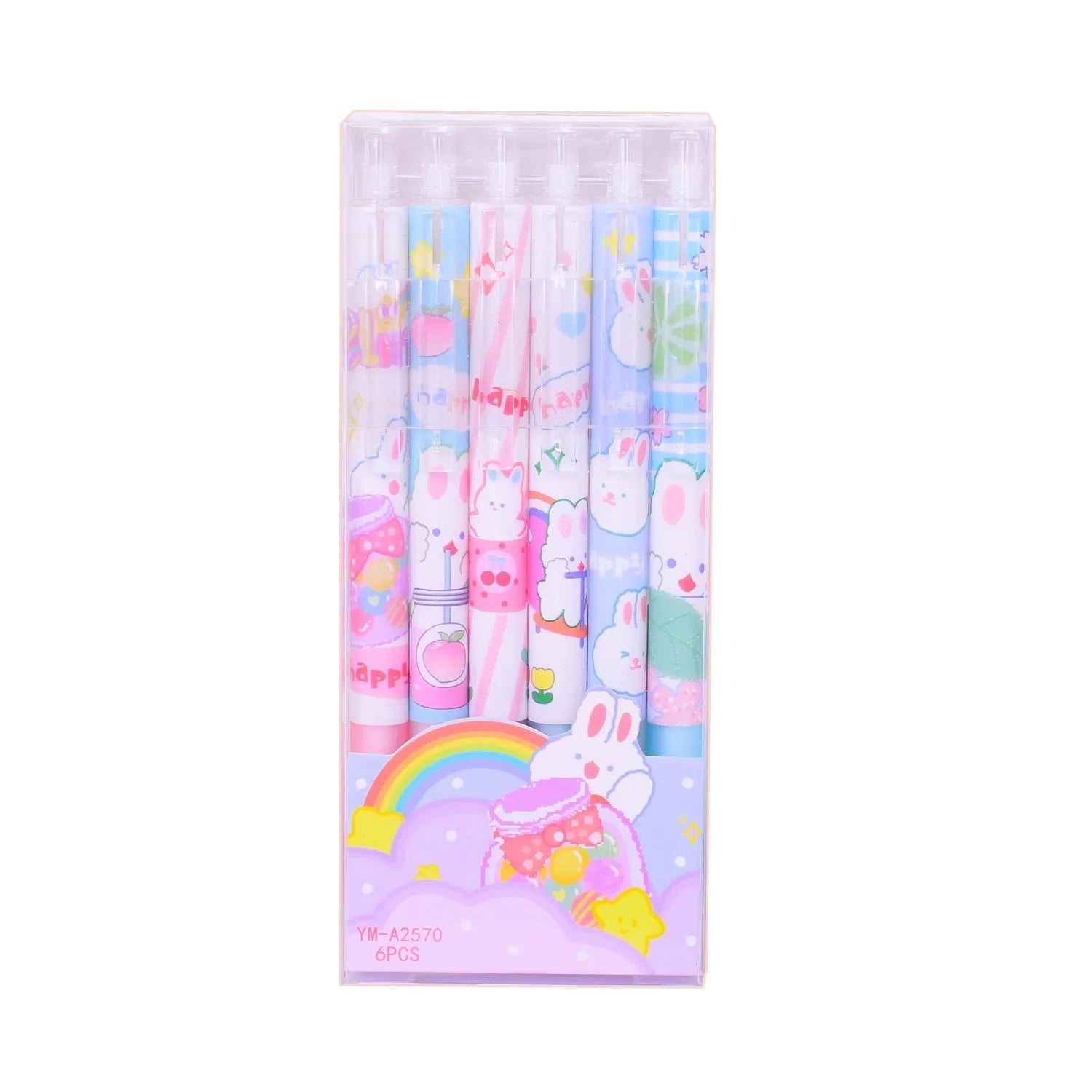 Six cartoon bunny design ballpoint pens with 0.5mm tips and neutral black ink