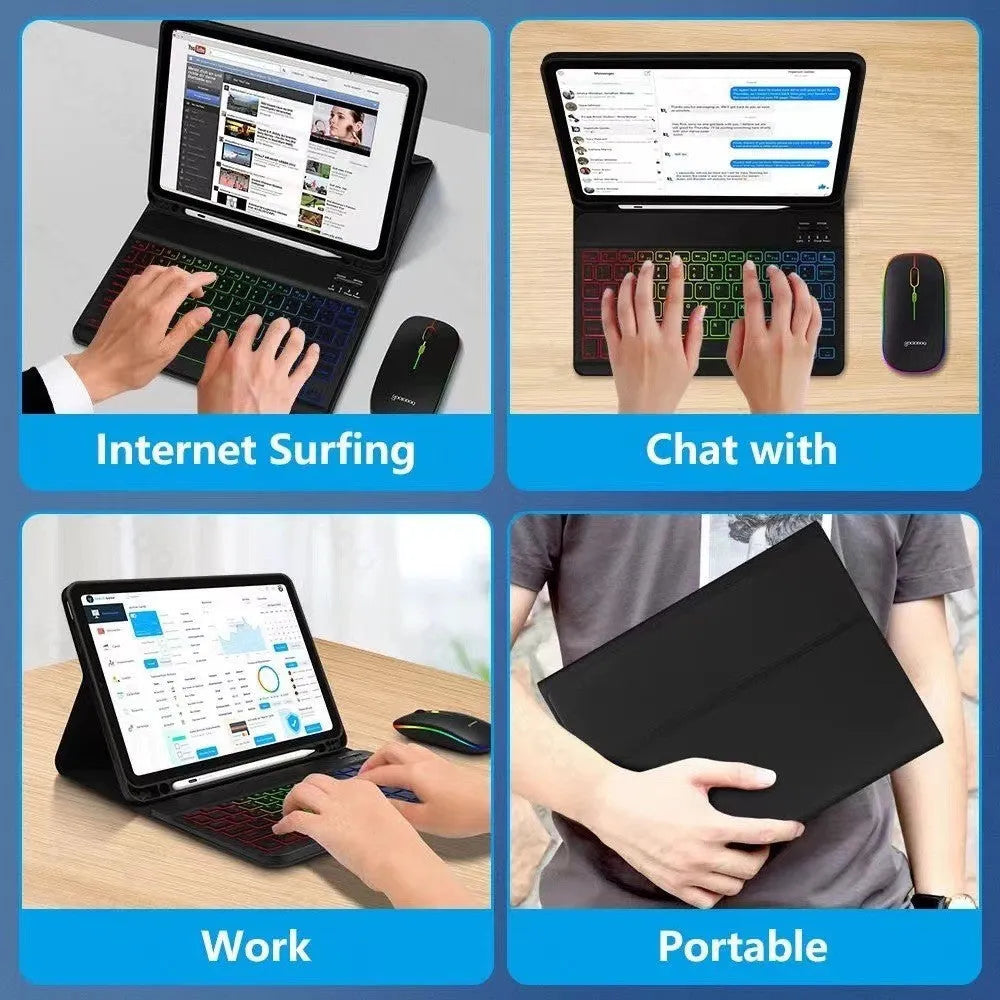 iPad protective case with luminous RGB Bluetooth keyboard and mouse in black leather sheath style