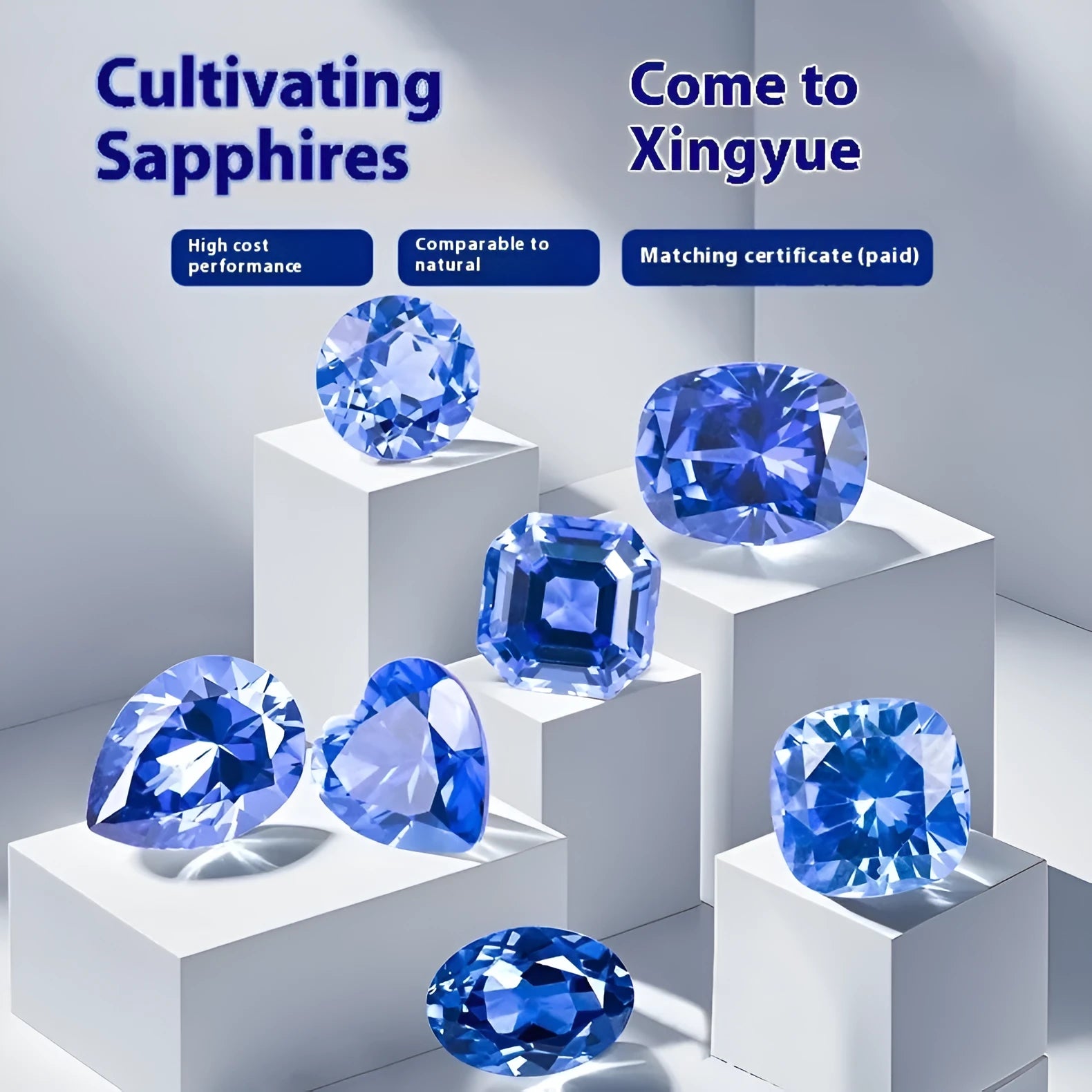 Royal blue synthetic gemstone showing heart, round, and pear cut shapes for jewellery making