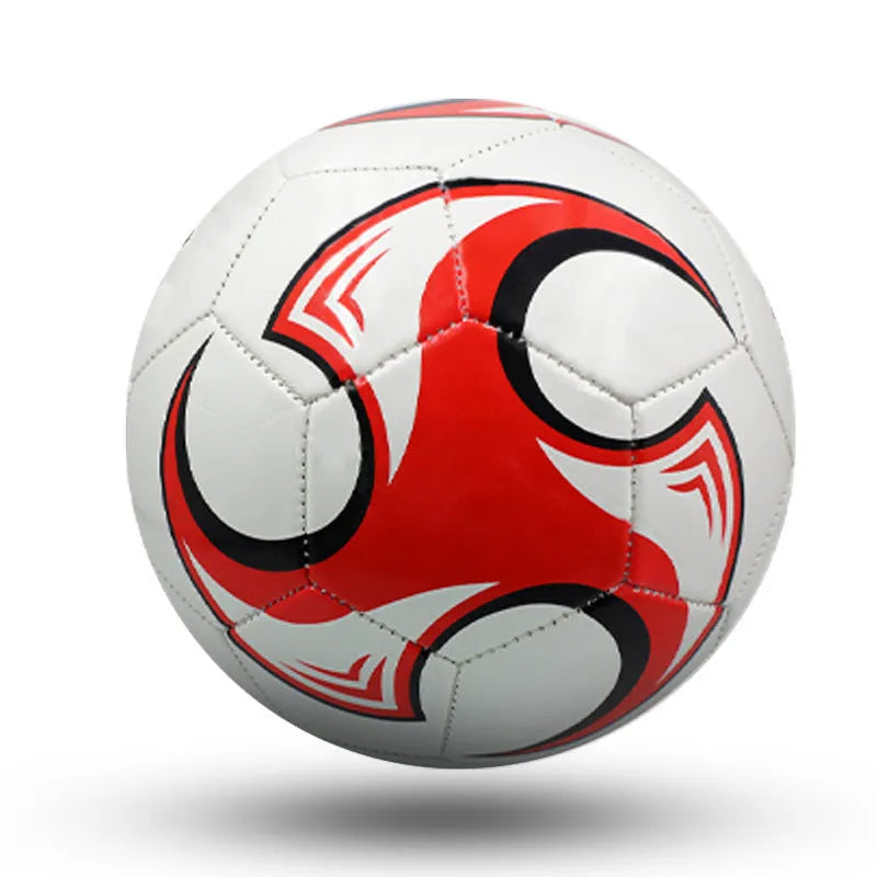 Machine-sewn PVC football in sizes 3, 4, and 5 shown in various colour patterns including red dragon roll and tornado blue.